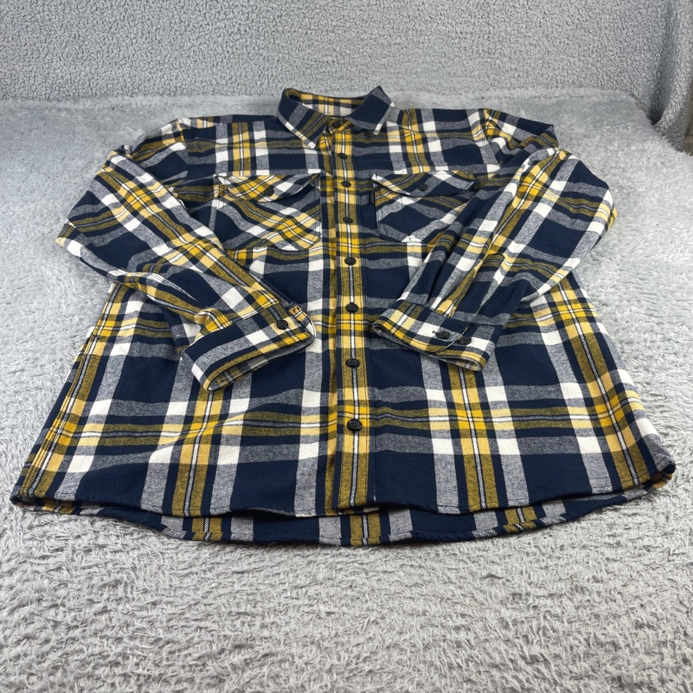 FiveBrother Mens Tall Large Flannel Shirt Navy Yellow Plaid Cotton 5200 L-T